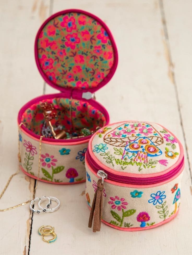 Embroidered Round Jewellery Box